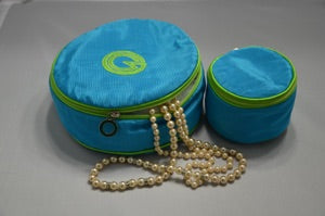 Large and Small round jewel case in blue with lime green trim