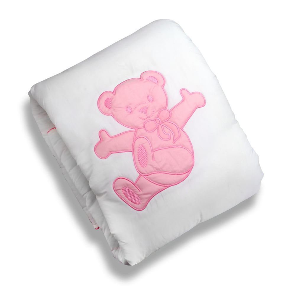Quilted blanket with pink lazy bear